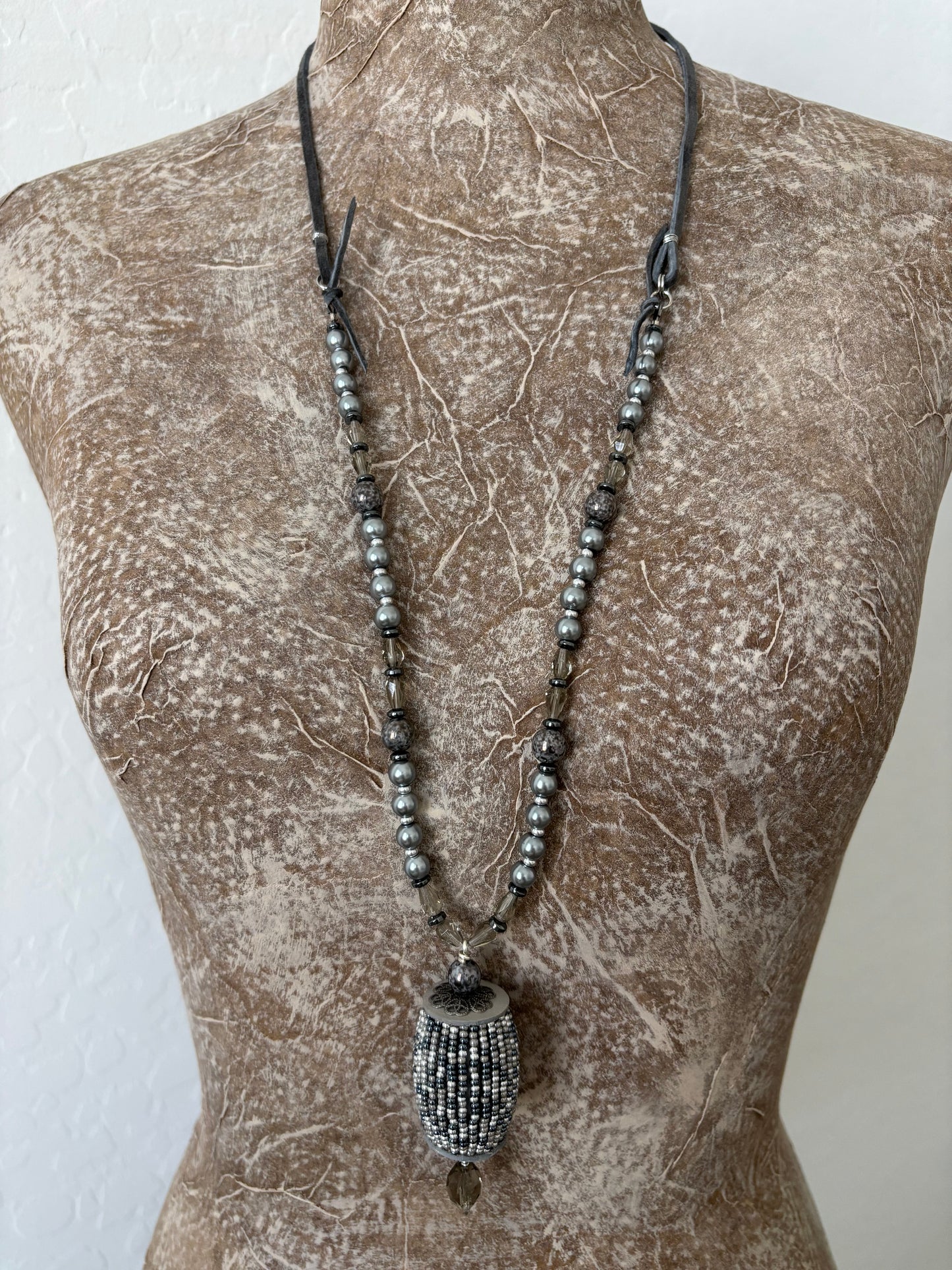 Czech Glass, Leather & Glass Pearls Necklace