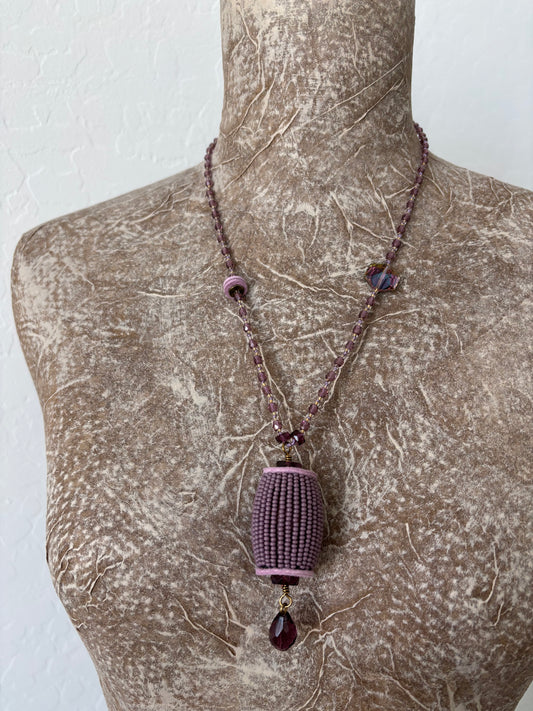 Czech Glass, Leather & Crystal Pendant Necklace