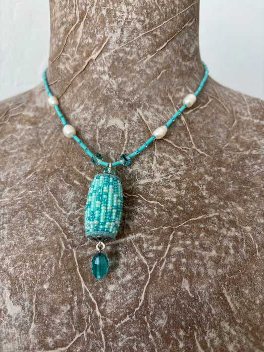 Czech Glass Beads & Fresh Water Pearls Pendant Necklace
