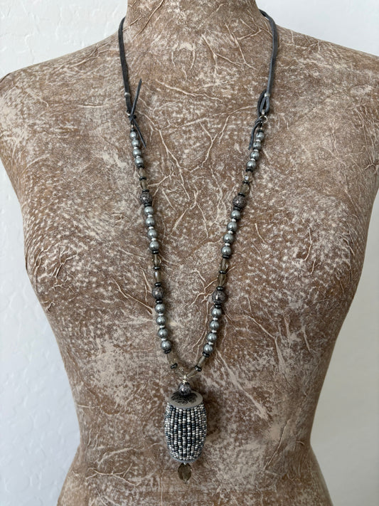 Czech Glass, Leather & Glass Pearls Necklace
